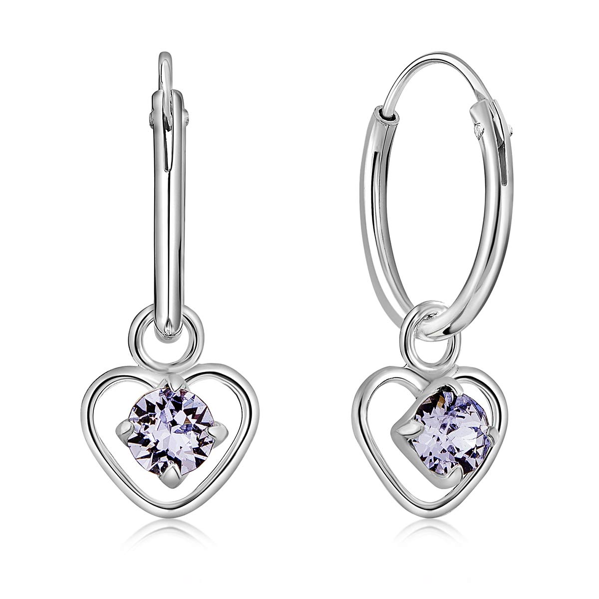 925 Sterling Silver Small Hoops Earrings with Dangling Heart in Glittering Crystals 3 mm - Heart Earrings Lilac Colour - Thickness 1.2 mm - Diameter: 12 mm