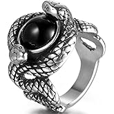 Retro Vintage Stainless Steel Created Black Onyx Stone Double Snakes Cocktail Party Halloween Biker Ring