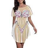 Women's Cute Bikini Printed T Shirt Dress Short Sleeve Baggy Shirt Beach Fun Swimwear Cover Up Dress