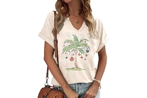 PUCKOLITY Christmas V Neck Shirts for Women Xmas Buffalo Plaid Tree Shirt Merry and Bright Shirt Casual Graphic T Shirt Tops