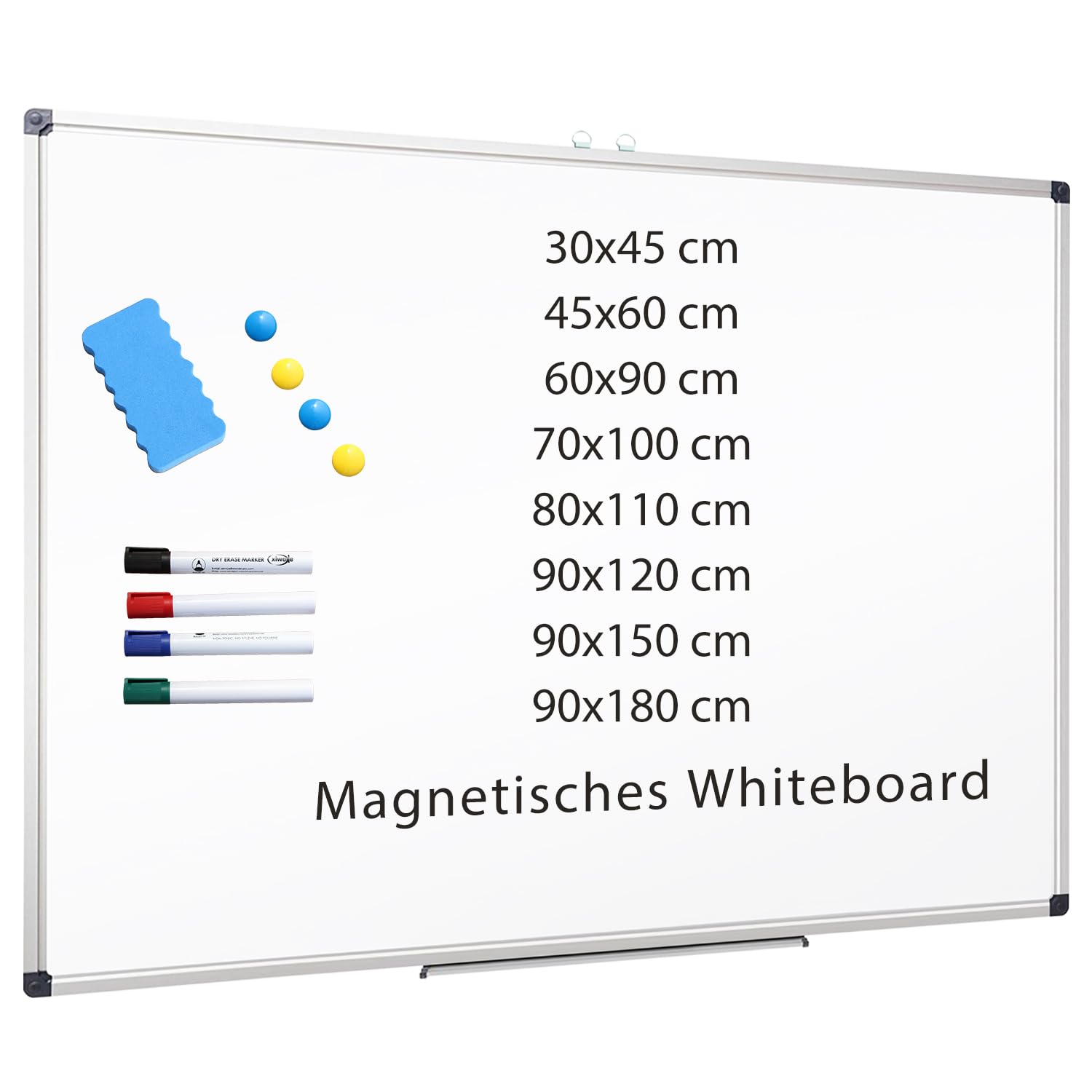 XIWODE Whiteboard 90 x 60 cm with Pen Tray, Magnetic Notice Board, Large, Magnetic Board, Writeable and Magnetic, with Scratch-Resistant Surface, Durable Metal Type