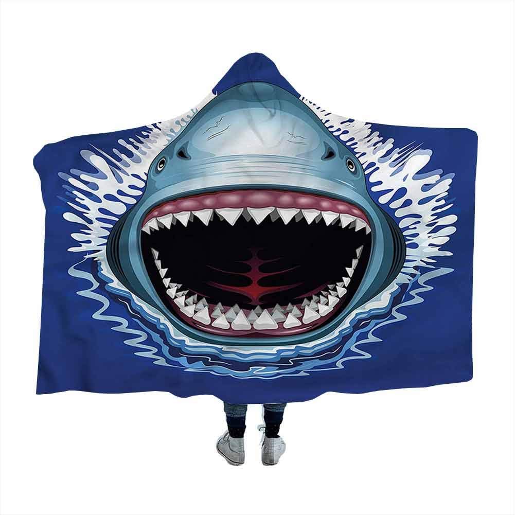 Hooded Blanket Shark,Attack Open Mouth Bite Flannel Decorative Durable Bed Couch 60 x 50 Inch