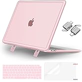 MOSISO Compatible with MacBook Air 13 inch Case 2022, 2021, 2020-2018 A2337 M1 A2179 A1932, Heavy Duty Shockproof Plastic Hard Case with Fold Kickstand&Keyboard Skin&Screen Film&Type C, Pink