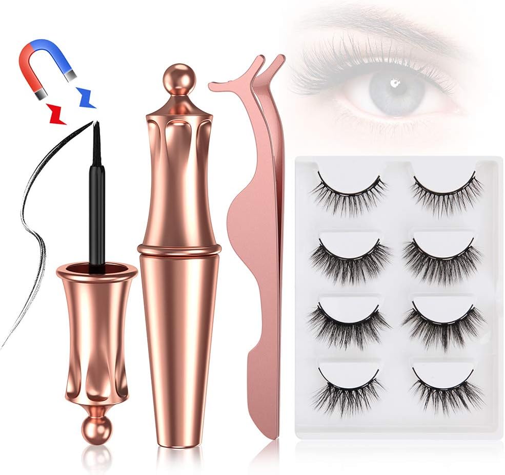 4 Style Magnetic Eyelashes with Eyeliner, Magnetic Eyeliner and Magnetic Eyelash Kit - Reusable Eyelashes With Natural Look, Comes With Tweezers - No Glue Needed