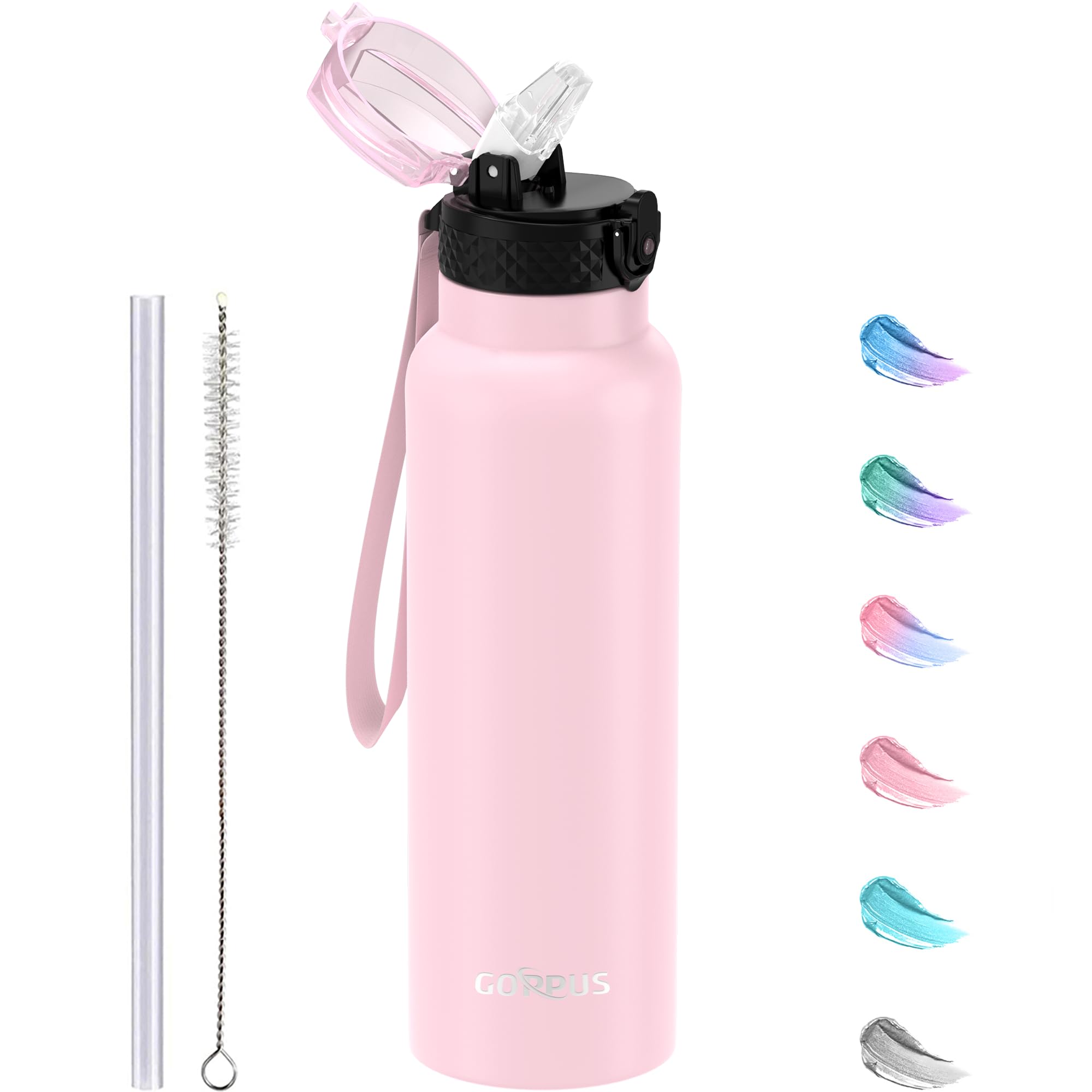 GOPPUS 750ml/26oz Stainless Water Bottle with Straw Double Wall Insulated Bottles with Strap Reusable Vacuum Thermal Flask Leakproof Keep Cold Drinks Bottles with Flip Top Lid for Men Women BPA Free