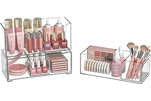 SUNFICON Bathroom Drawer Organizer Stackable Storage Drawers Clear Plastic Storage Bins Medicine Cabinet Organizer Makeup Organizers w Removable Divider Home Workspace Office Desktop Vanity Gift Idea 2Pack