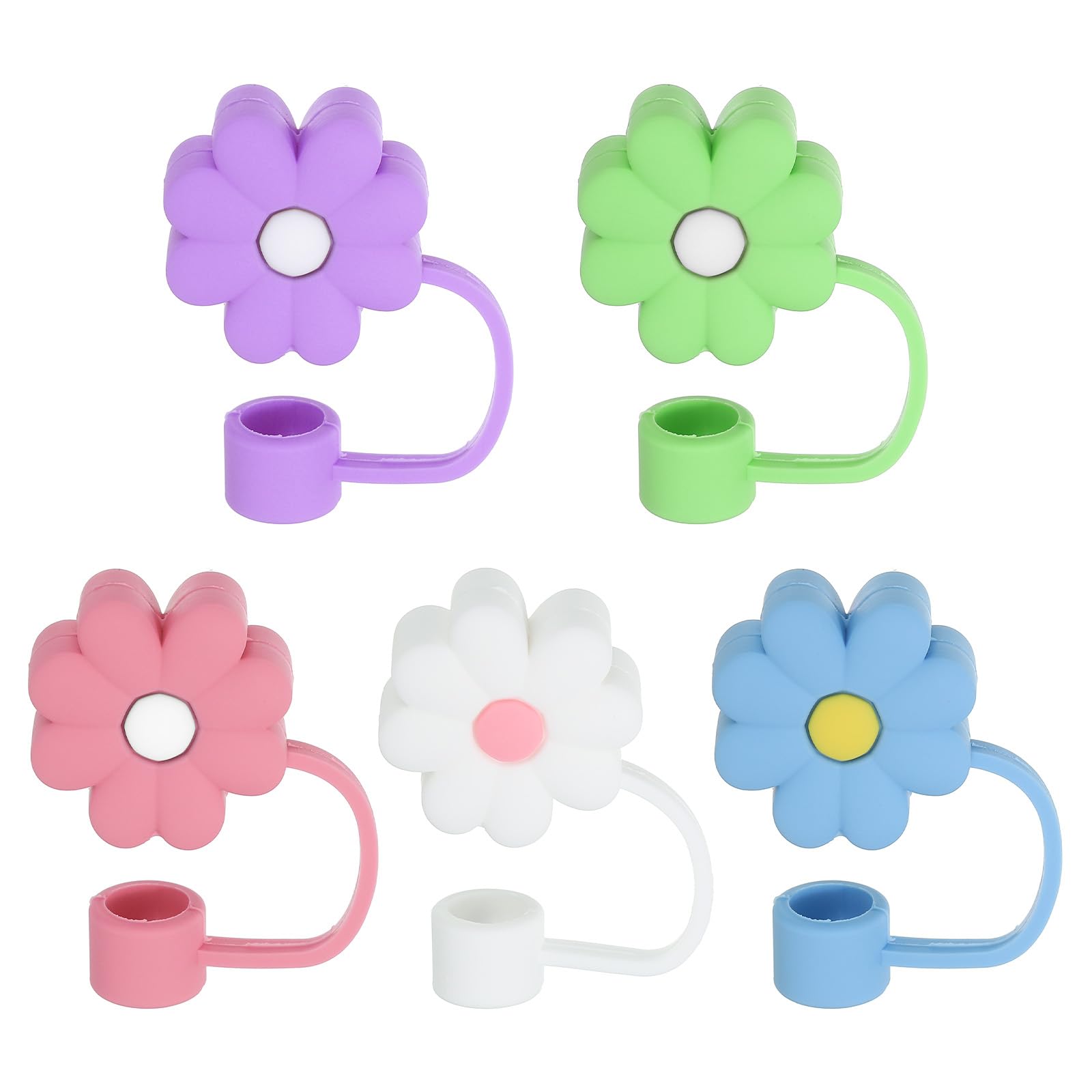 PATIKIL 0.4 In/10mm Silicone Straw Cover Cap, 5Pcs Cute Flower Dust-Proof Straw Tips Reusable Drinking Straw Caps, 5 Color