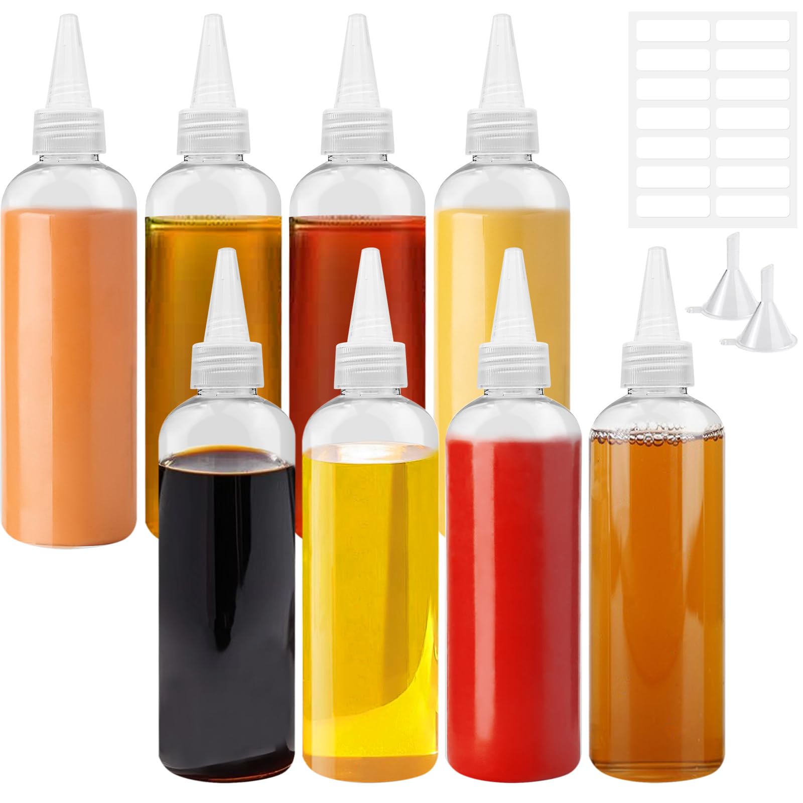 REJOECE 8 Pack 200ml Squeeze Bottles for Sauce, Condiments, Ketchup, BBQ | Reusable Plastic Bottles Leak-Proof & BPA-Free | Includes Funnel, Labels