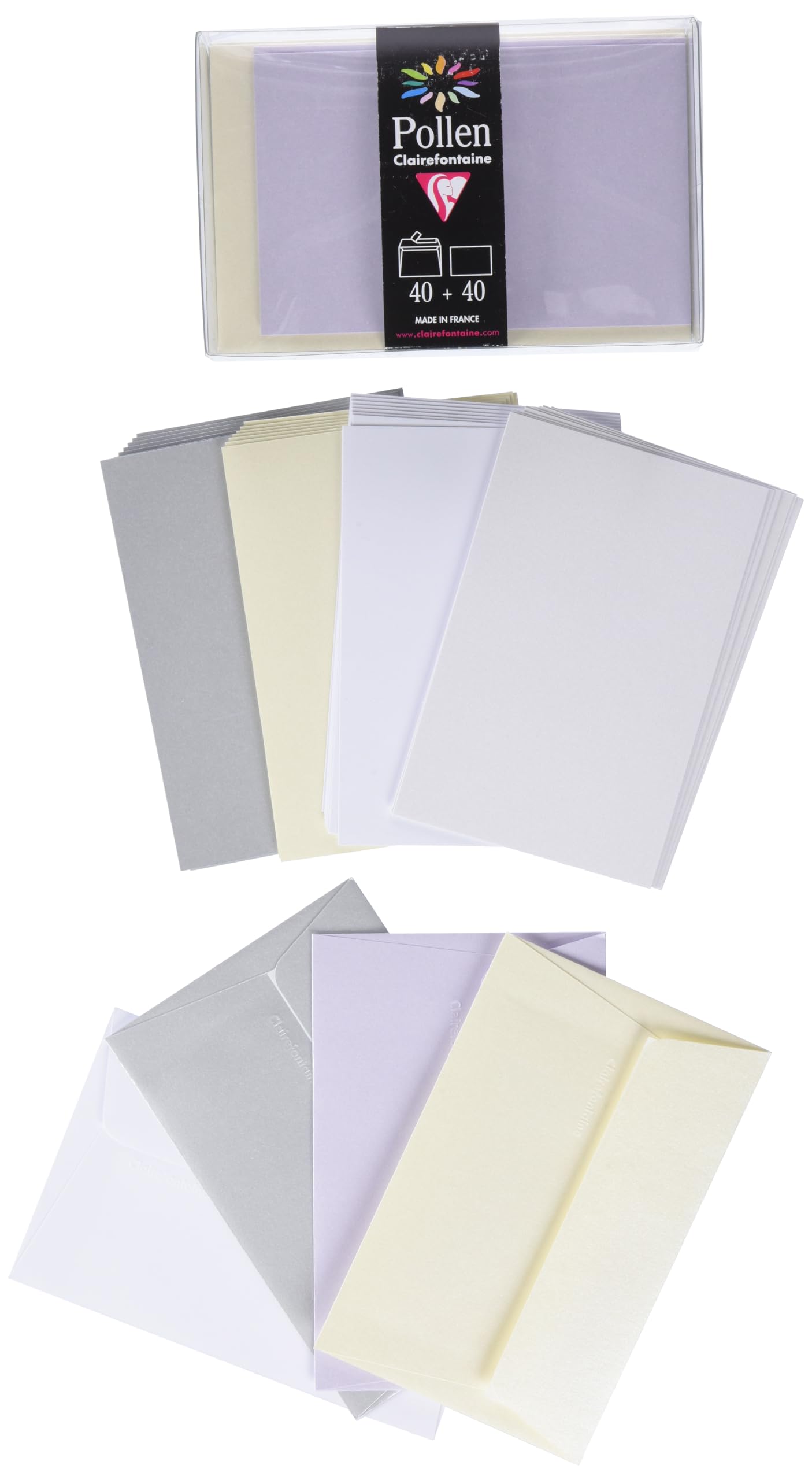 Clairefontaine 20841C Set of 40 Self-Adhesive Envelopes Format 9x14cm 40 Plain Cards Format 8,2x12,8cm Pollen Correspondence Wedding Theme 5 Different Colours