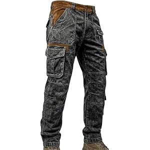 Mens Distressed Acid Wash Cargo Denim Pants Retro Y2K Streetwear Casual Straight Leg Trousers with Multi Pockets