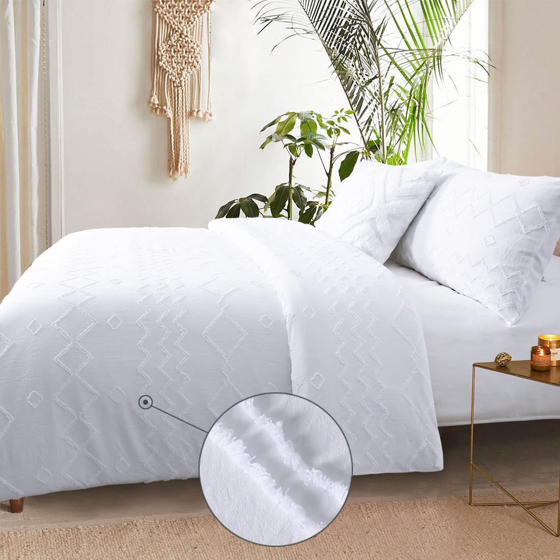 White Duvet Cover GEO Tufted King Textured Bedding Set Geometric Diamond Bohemian Moroccan 3 Pieces 230x220 Boho