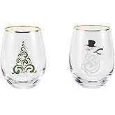 Celebrations by Mikasa Holiday Tree Snowman Stemless Wine, Set of 2, 18 Ounce