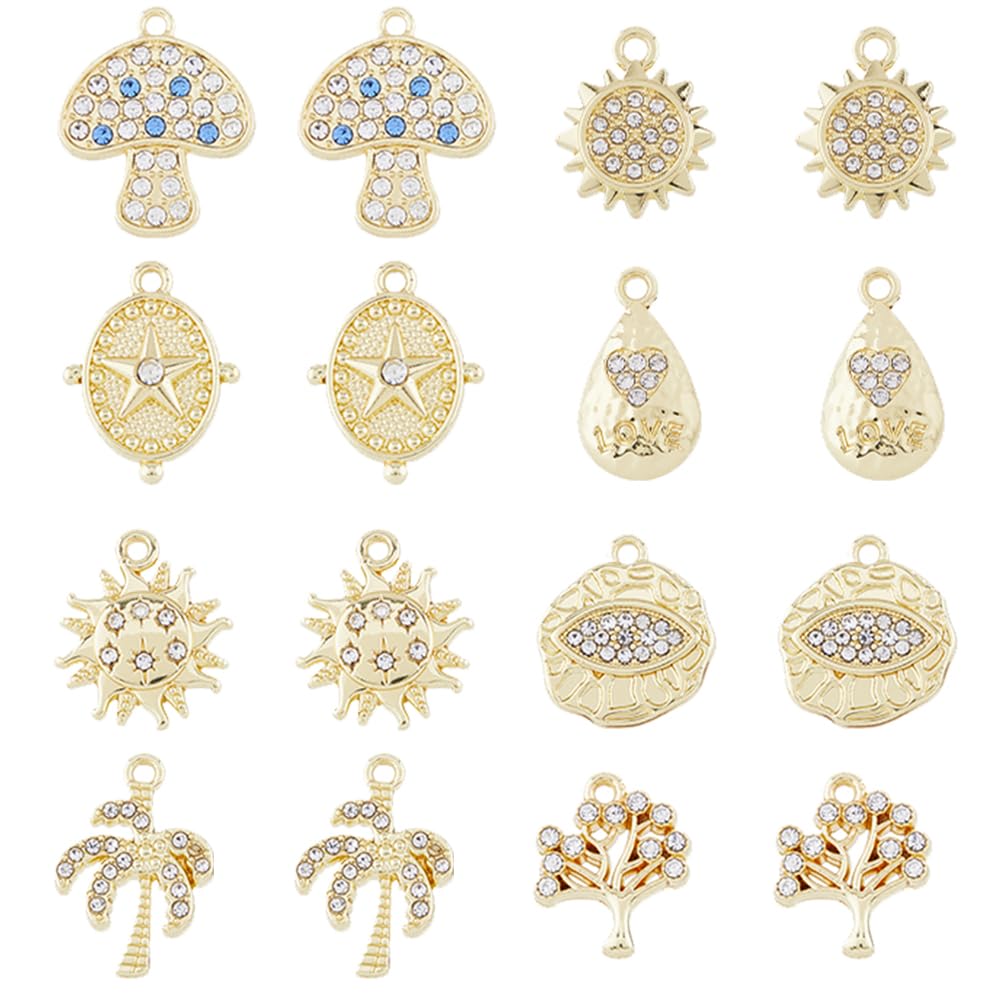 DICOSMETIC 48Pcs 8 Styles Small Rhinestone Charms Flat Round with Eye Pendants Moon Star and Sun Charms Light Gold Tree Charms Alloy Pendant for DIY Crafts Jewelry Making, Hole: 1.2~1.6mm