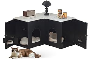 JanflyHome Corner Litter Box Enclosure for 2 Cats, 31.5" Hidden Cat Litter Box Furniture with Collapsible Cat Feeding Station, Indoor Litter Box Cabinet, 31.5 x 17.7 x 19.7 in, Black
