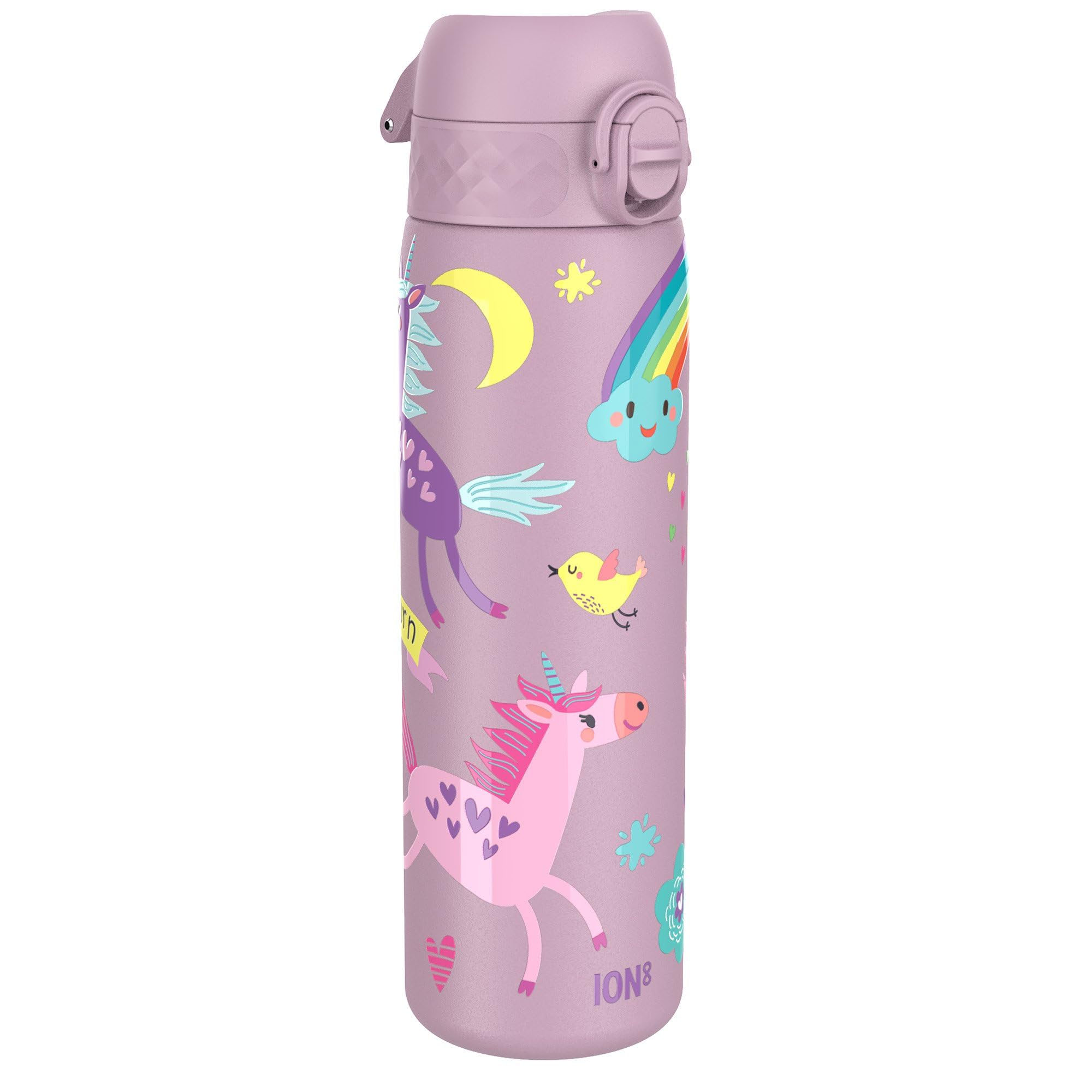 ION8 Lightweight Steel Water Bottle, 600 ml/20 oz, Non-Insulated, Leak Proof, Easy to Open, Secure Lock, Dishwasher Safe, Flip Cover, Fits Cup Holders, Carry Handle, Metal Water Bottle, Lilac Unicorns