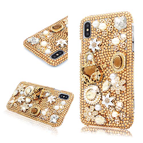 Fusicase for iPhone Xs Max Case Luxury Bling Artificail Diamond Pearl Crystal Rhinestone Glitter Sparkle Design Cover with 3D Flower Crown Shiny Jewelry Clear Case for iPhone Xs Max