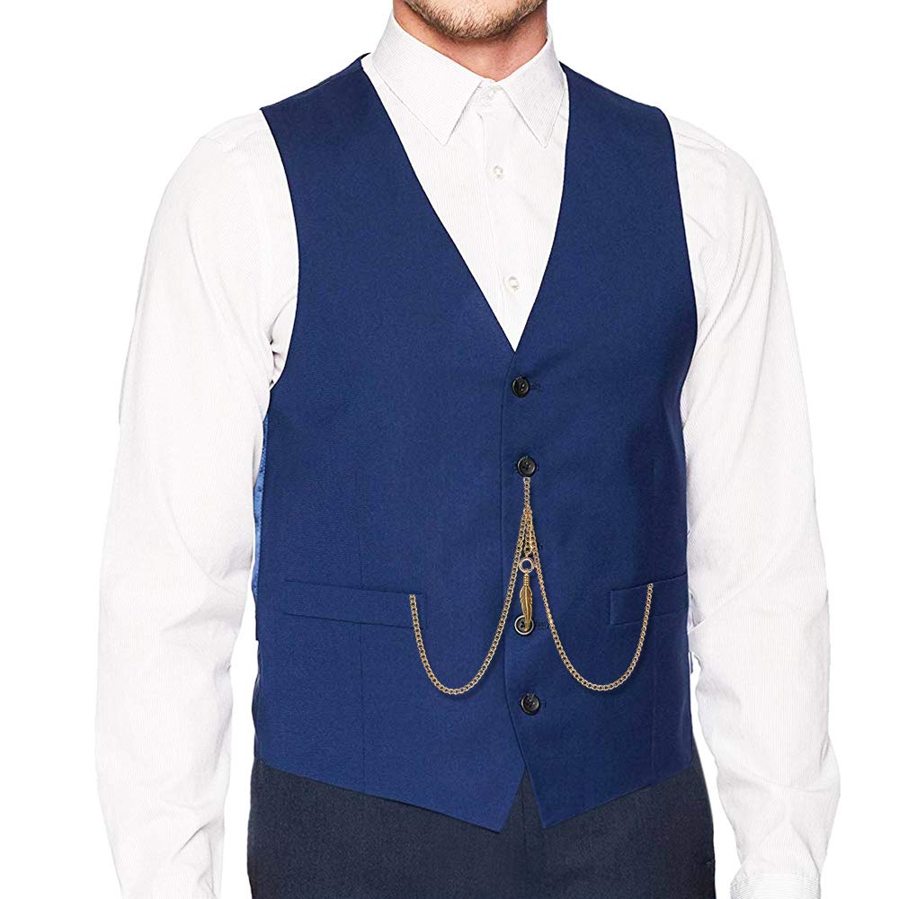 TREEWETO Men's Double Albert Chain Pocket Watch Curb Link Key Chain 3 Hooks with Antique Leaf Pendant Charm Design Copper Fob T Bar