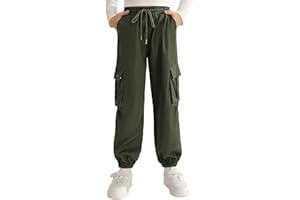 Ninobebe Girls Cargo Jogger Pants Parachute Pants with Elastic Waist and Pockets Cargo Trousers for Teens Girls 7-14 Years