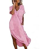 Summer Linen Dress for Women Casual Loose Long Shirt Dress Lapel Button Short Sleeve Side Split Dresses with Pockets