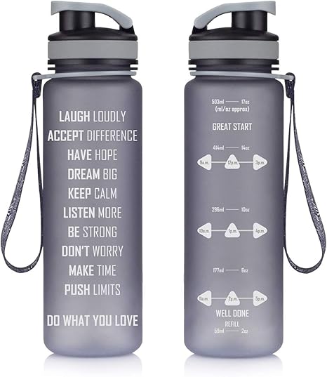 Artoid Motivational Fitness Workout Sports Water Bottle With Time Marker Measurements 500ml 1000ml 1500ml Goal Marked Times Helps You Hydrate Flip Top Non Leak Bpa Free Grey 550ml Amazon Co Uk