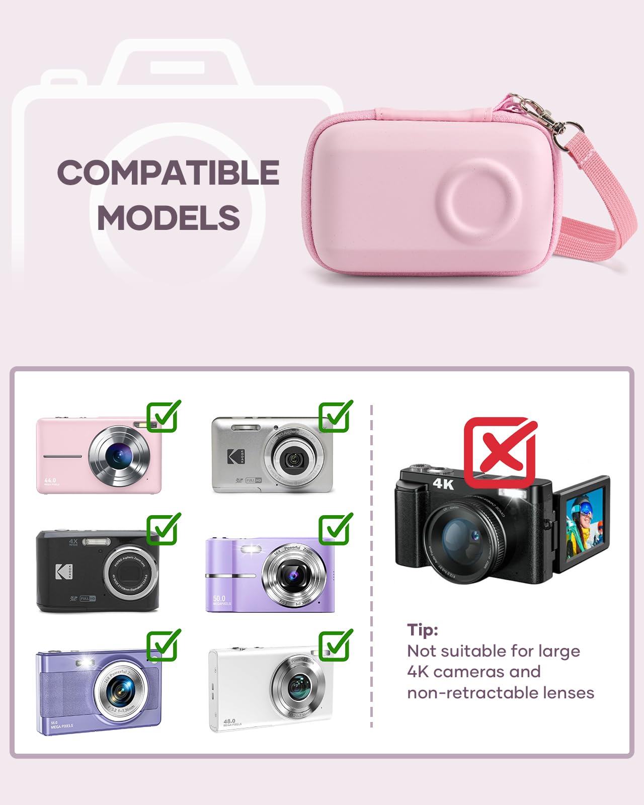 SQERO Digital Camera Case for KODAK PIXPRO FZ45 FZ55 & CAMKORY 1080P - Compact Travel Bag with 3 SD Card Slots,Small Lightweight Pouch, Cute Gifts for Adults Kids
