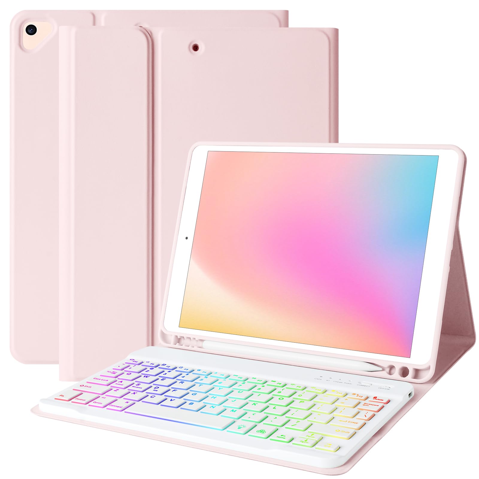 Photo 1 of MORECOO for iPad 9th Generation Case with Keyboard, 7 Color Backlit Wireless Keyboard with Pencil Holder for 10.2 inch iPad 8th / 7th, for iPad Pro 10.5 inch 2017, for iPad Air 3rd Gen (Pink)