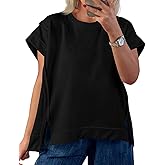 Tankaneo Womens Oversized Short Cap Sleeve T-Shirts Crew Neck Side Slit Tops Summer Casual Loose Fit Tees Tunic Shirts