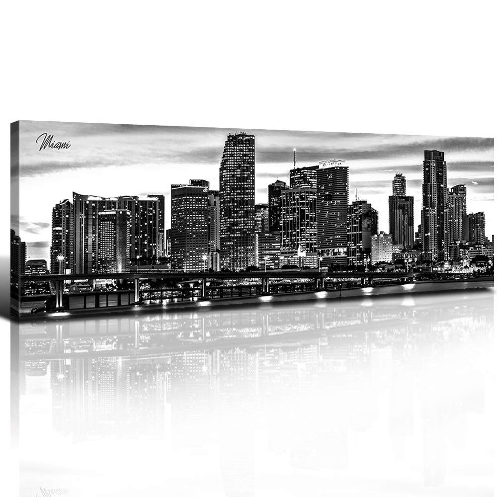 Miami City Skyline Panorama Wall Art Decor 14 x 48 Inch Florida Black and White Night View Posters Framed Canvas Artwork Biscayne Architecture Modern Pictures Decoration for Bedroom total 1 Panels