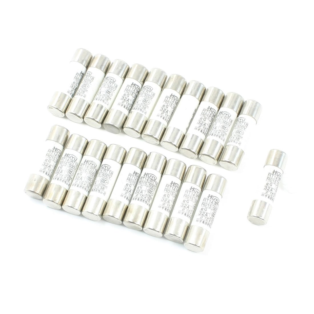 sourcing map a13050700ux0218 20 Piece 500V 32A 10 x 38 mm Cylindrical Ceramic Tube Fuses Link RT14 RT18 RO15, 0.39" Width, 1.5" Length