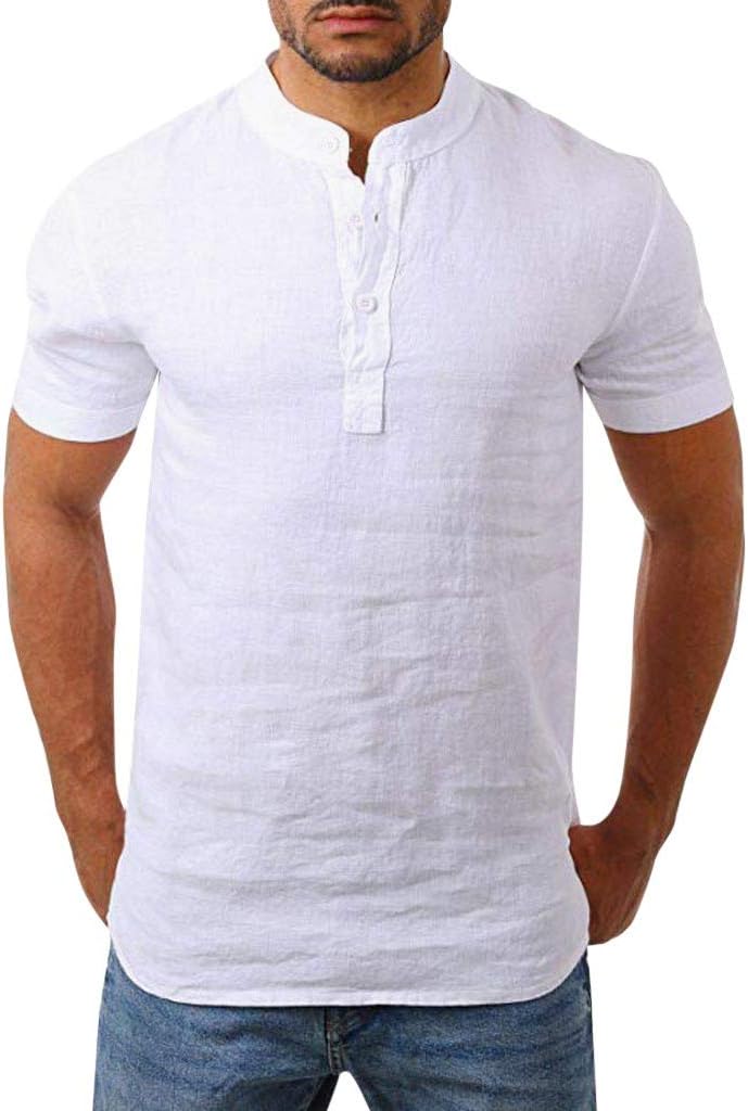 Men Henry Short Sleeve Slim Solid Linen Shirts Male Casual Business Fit Blouse