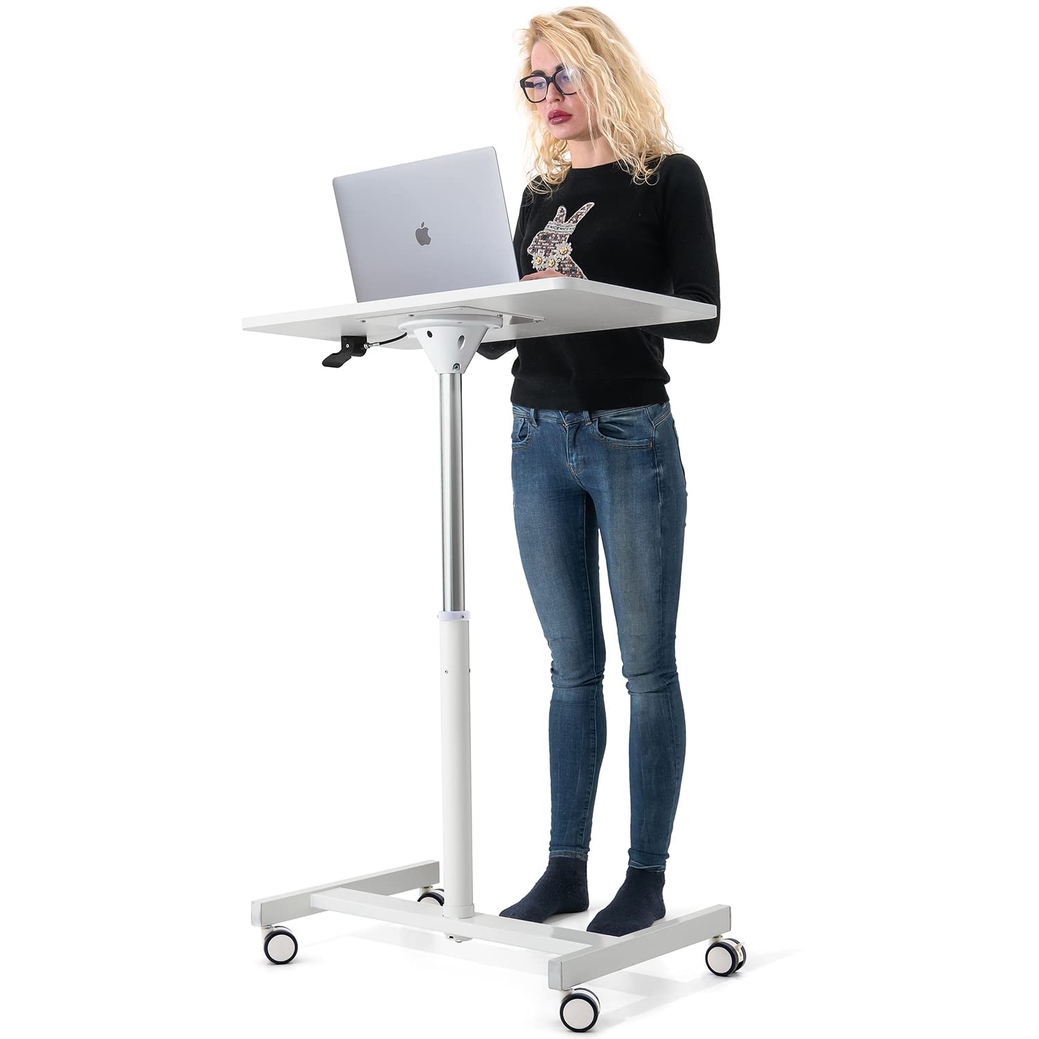 Tatkraft Trend Airlift Pneumatic Sit-Stand Laptop Desk with Wheels, Adjustable Height 29 – 45 inch Effortless Gas-Lift Regulation, Home Office Mobile Rolling Laptop Stand, Large Tabletop, White
