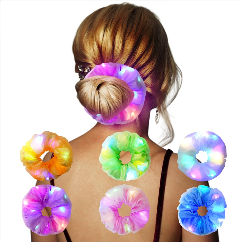 URAQT LED Light Up Elastic Hair Bands, 6pcs Luminous Hair Ties, 3 Colors Light Modes LED Scrunchies, Light up Hair Scrunchies for Halloween Christmas Rave Glow Party (B) — image 1