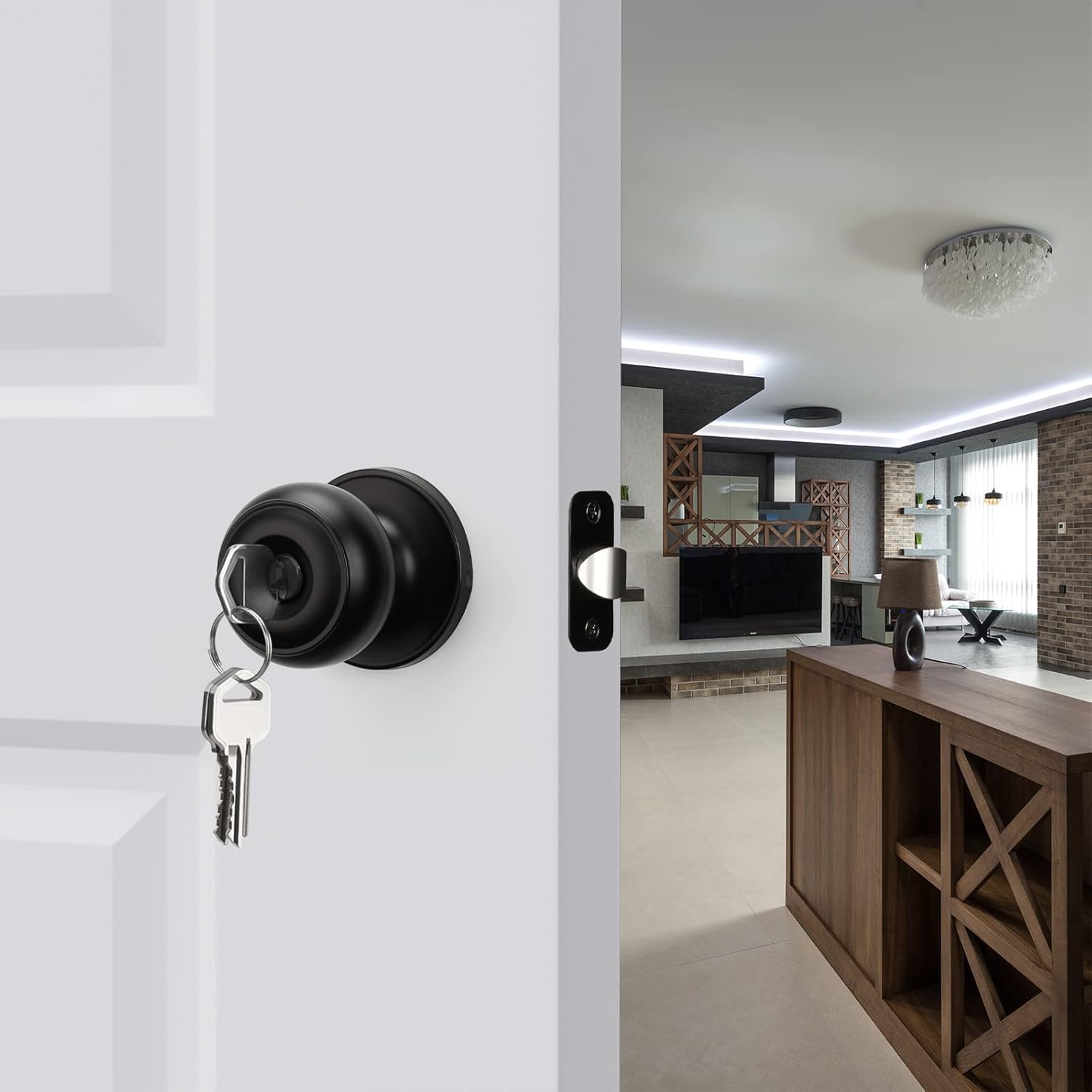 Condition photo showing New/Like New for haidms 6 pack matte black door knobs with lock and key, keyed alike keyed entry door knobs exterior,