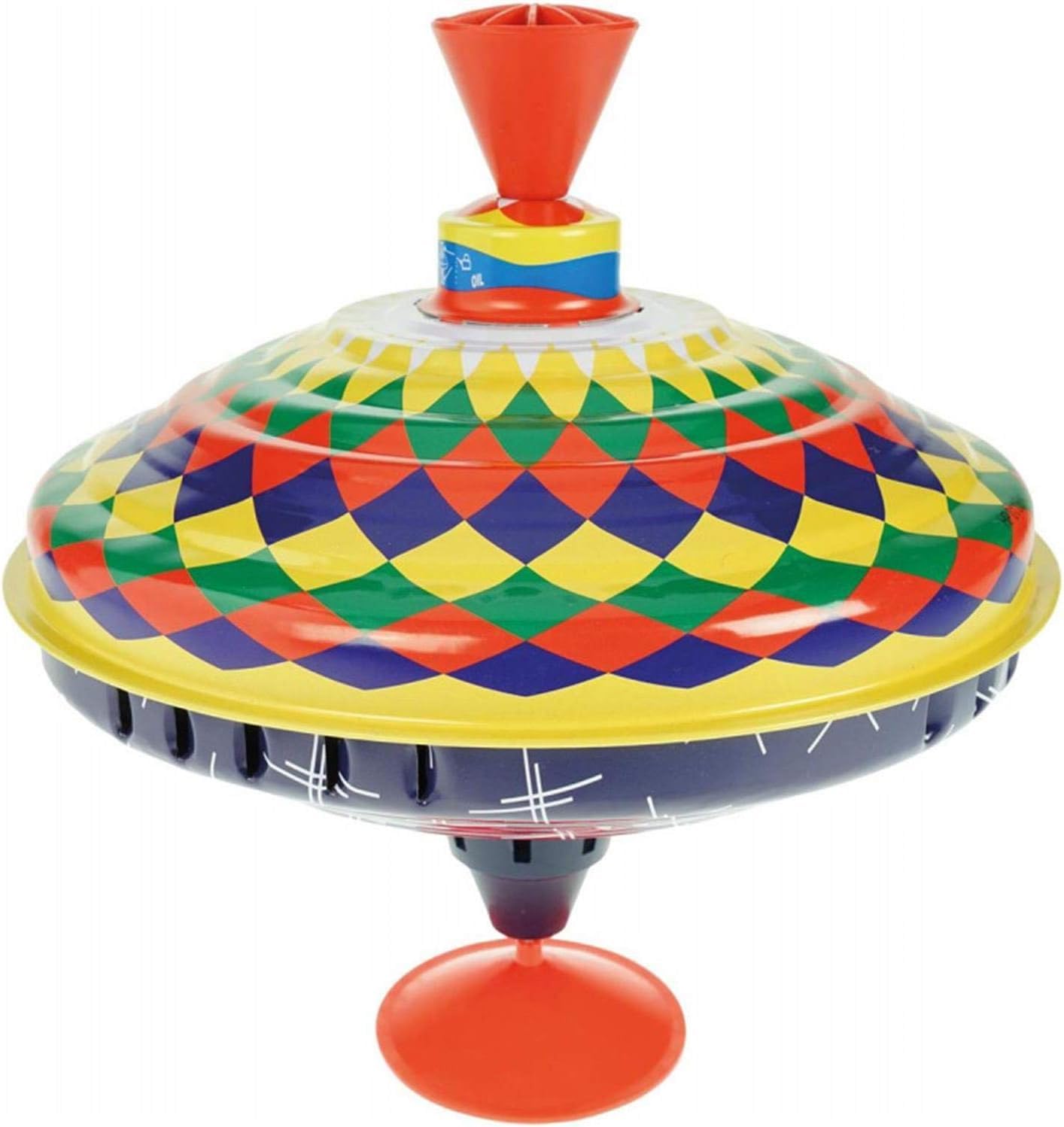 Lena 52225 Bolz Humming Spinning Top 19 cm, Sheet Metal Swing Spinner Classic Pump Spinner with Colourful Motif, Spinning Top with Stand, Toy Spinner for Children from 18 m +, Colourful
