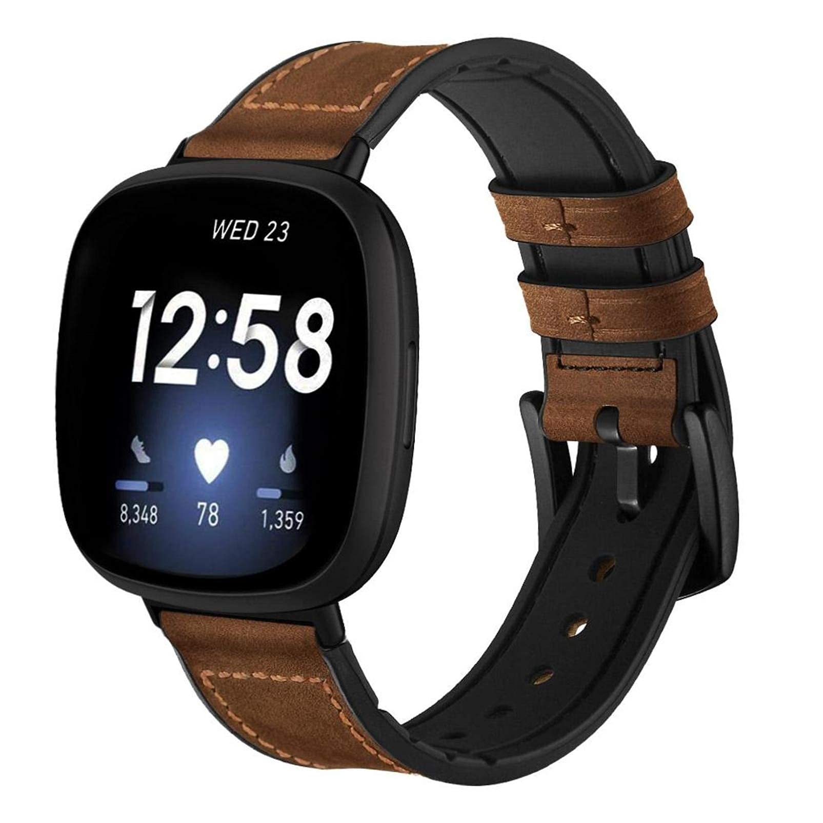 YOOSIDE Watch Strap for Fitbit Versa 3 / Versa 4, Genuine Leather Silicone Hybrid Wristband Strap with Stainless Steel Clasp for Fitbit Sense 2,Brown