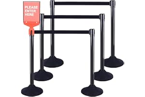 6PACK BESEA Crowd Control Stanchions Set Heavy Duty Crowd Control Barriers with 10' FEET Black Retractable Belt, Rubber Base(6PACK)
