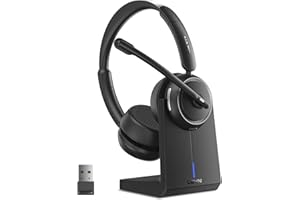 LEVN Wireless Headset, Bluetooth Headset with Noise Canceling Microphone & Charging Base, 65 Hrs Working Time 2.4G Headset with Microphone for PC/Laptop/Computer/Remote Work/Call Center/Zoom
