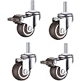 Norgail 1 Inch Small Tiny Shopping Cart Wheel Trolley Swivel Caster Wheels Soft Rubber TPE M6x 15mm Metric Threaded Mini Stem Caster Wheel (2 with Brakes), 24lb/11kg Load Capacity, Set of 4