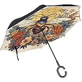 MCHIVER Vintage Colorful Bee Inverted Reverse Umbrella with C-shaped Handle Waterproof Upside Down Umbrella Windproof Double 