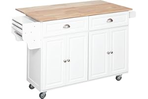 HOMCOM Rolling Kitchen Island Cart with Drop Leaf, Kitchen Cart on Wheels with Rubber Wood Top, 2 Drawers and 2 Storage Cabinets, Island Table for Kitchen, Dining Room, White