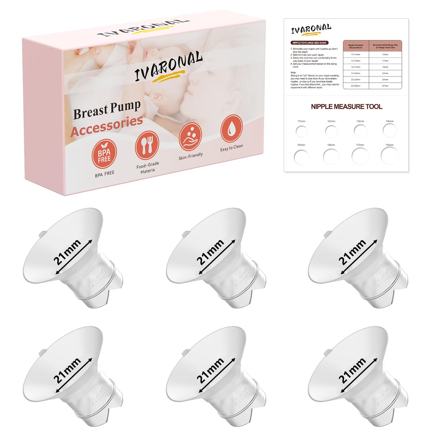 Photo 1 of Upgraded Flange Insert 21mm with Pull Tab and Triangle-Shaped for Momcozy/Spectra/Medela/eufy/TSRETE/Elvie/Lansinoh Breast Pumps, Fit for 24mm Shields/Flanges of Most Pumps, 6PCS 21mm