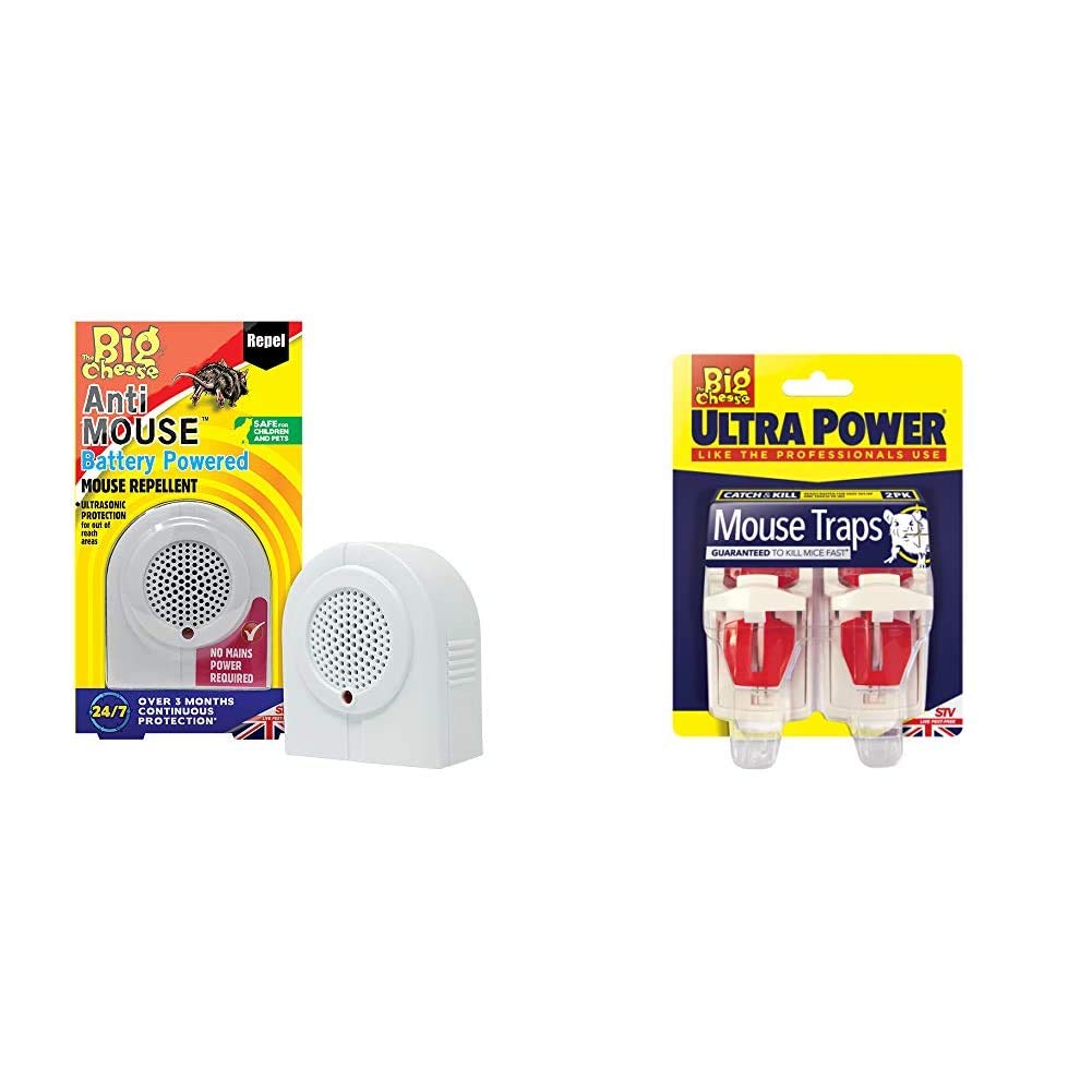 The Big Cheese Anti Mouse Battery Powered Repeller, White & Big Cheese Ultra Power Mouse Traps (Ready Baited, Easy to Set, Twin Pack)