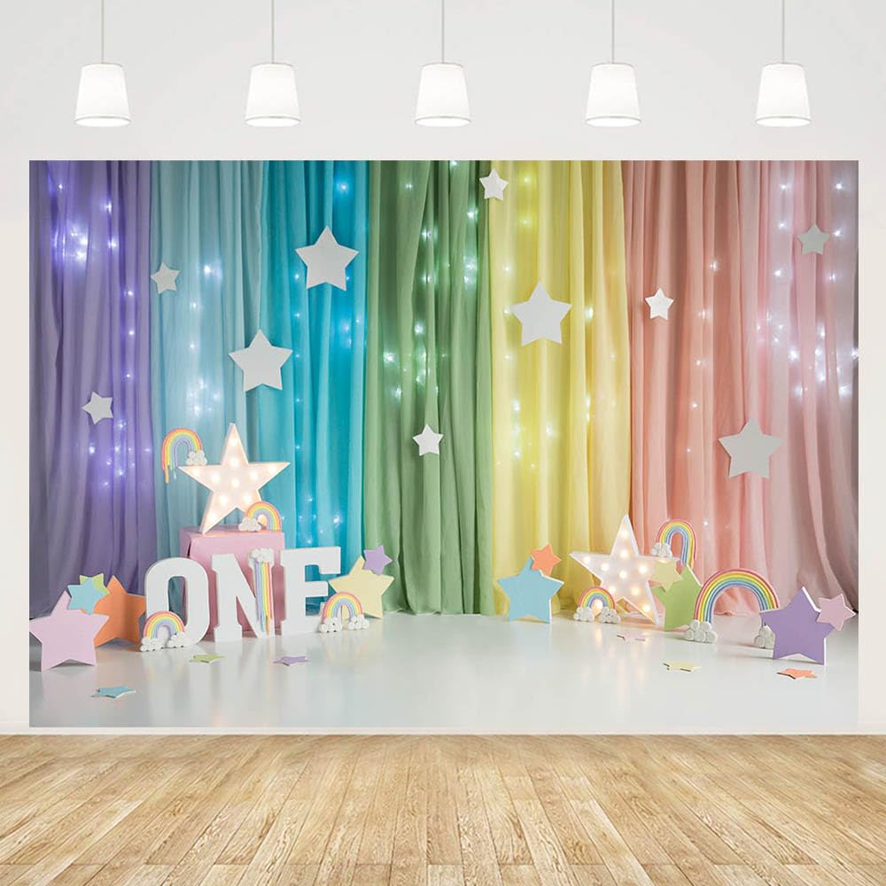 MEHOFOND 7x5ft Rainbow One Birthday 1st Girl Bday Hanging Stars Party Supplies Decoration Banner Photo Studio Props for Cake Smash
