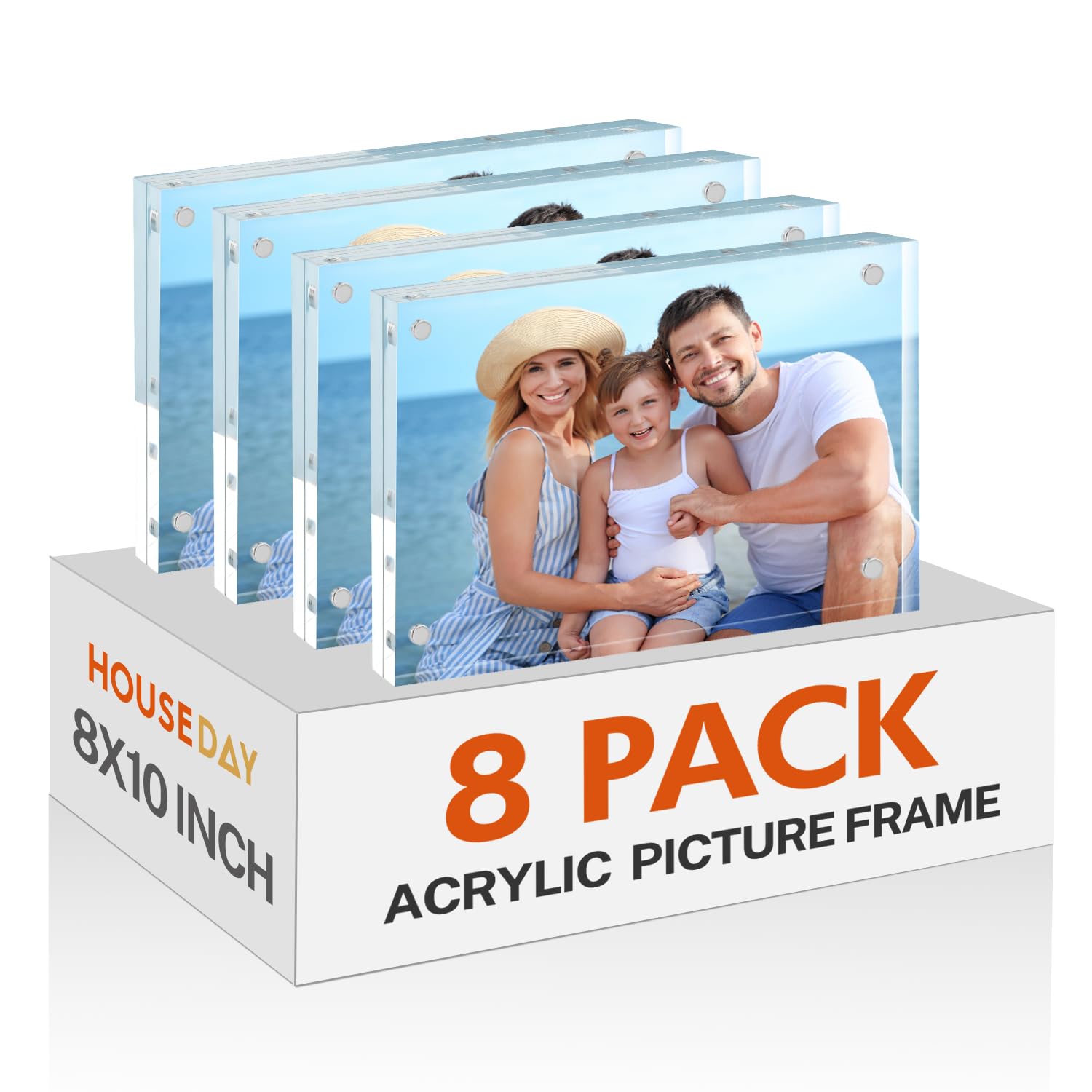 HOUSE DAY Acrylic Picture Frames 8x10, 8 Pack Magnetic 8x10 Picture Frame, Double Sided Clear 8 x 10 Photo Frame with Microfiber Cloth, Frameless FreeStanding 8x10 Frame Gift for Desktop Display