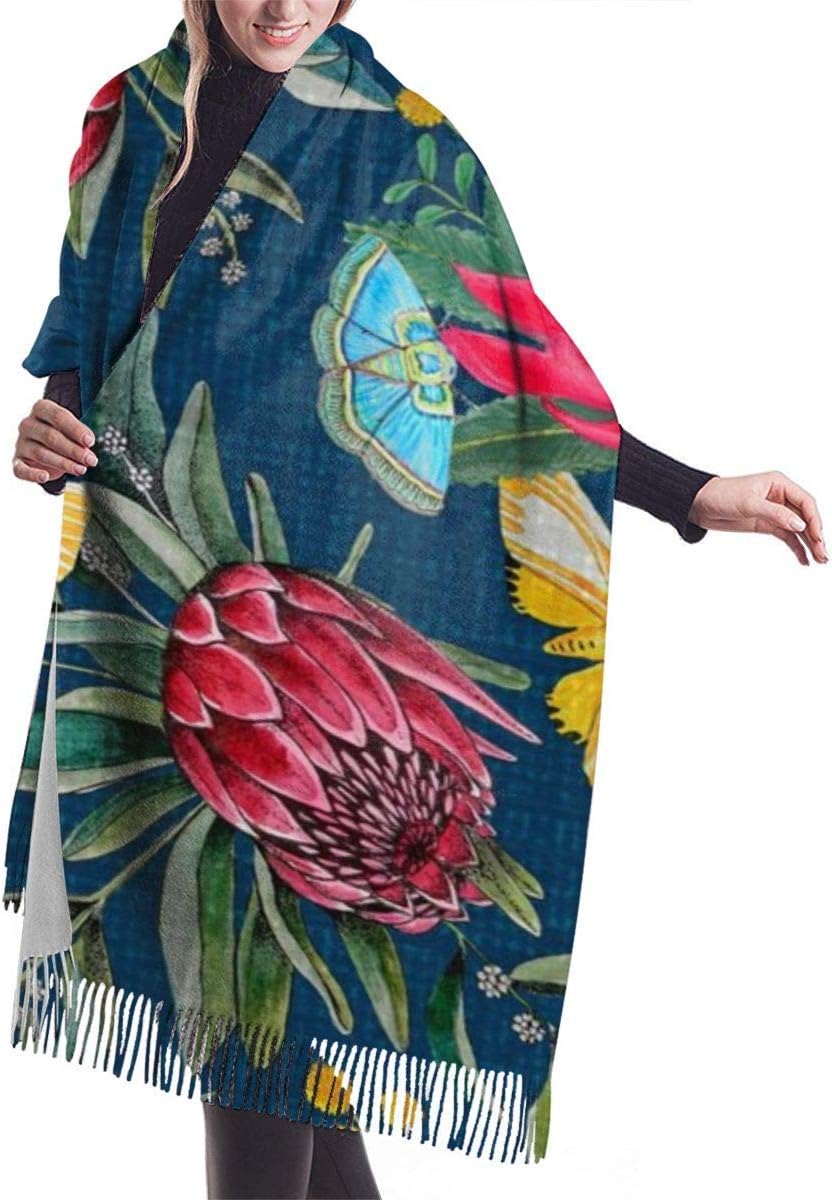 KsimYa Protea Golden Wattle And Watarah Flowers With Butterflies - Cashmere Scarf Checked Wool Wrap Shawl Winter Blanket for Women and Men