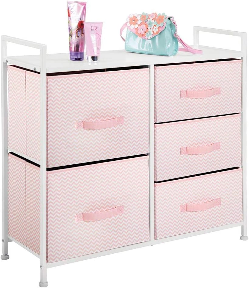 mDesign Wide Dresser Storage Tower Furniture - Metal Frame, Wood Top, Easy Pull Fabric Bins - Organizer for Kid's Bedroom, Hallway, Entryway, Closets, Dorm - Chevron Print, 5 Drawers - Pink/White: Home & Kitchen