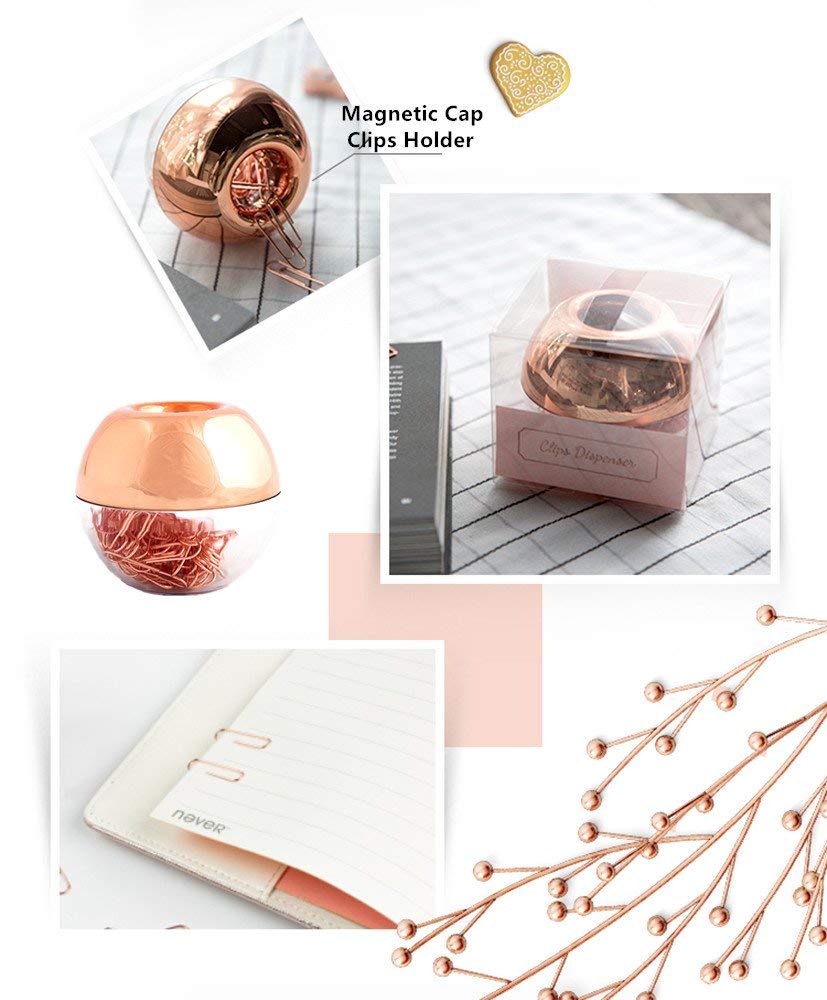 Rose Gold Paper Clips ，Light Luxury Fashion 100 pcs Paper Clips Holder 28mm in Magnetic Lid Acrylic Paper Clip Holder for Office Decor Desk Accessories