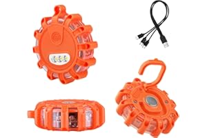 AK LED Road Flares Rechargeable Safety Flashing Warning Light Roadside Emergency Disc Beacon Kit for Vehicles Boats with Magnetic Base & Hook, Storage Bag and One 3-in-1 USB Charging Cables (3 Pack)