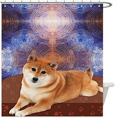 Liguo88 Custom Waterproof Bathroom Shower Curtain Polyester Japanese Traditional Shiba Inu Dog Cute Young Funny Pet Ethnic Tribal Bohemian Hippie Indian Yoga Mandala Lover Dream Art Decor Blue Camel