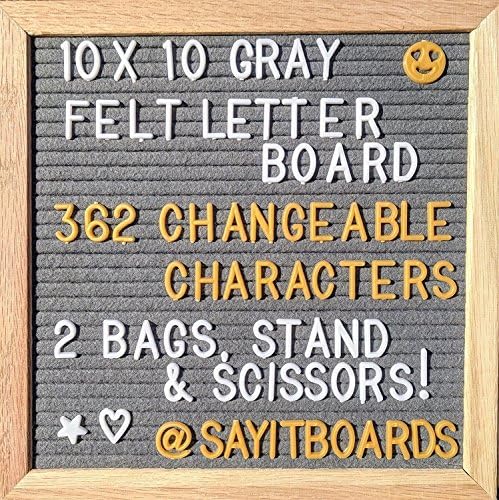 Gray Felt Letter Board 10 x 10 Oak Frame. 362 Changeable White &amp; Gold Letters, Emojis, Symbols and Numbers. Wall Mount &amp; Stand. FREE GIFTS!- Two Canvas bags and Scissors!